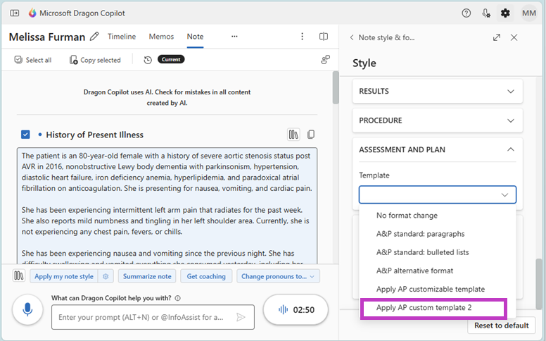 Dragon Copilot Style wizard, Assessment and Plan section with Template drop-down menu displayed and an A&P custom template highlighted on the list.