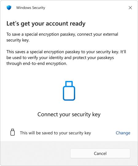 Screenshot of the dialog asking the user to insert a security key.