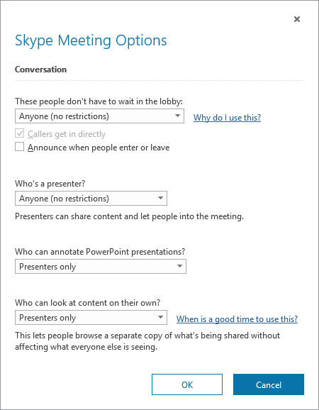 Skype for Business Meeting Options dialog box