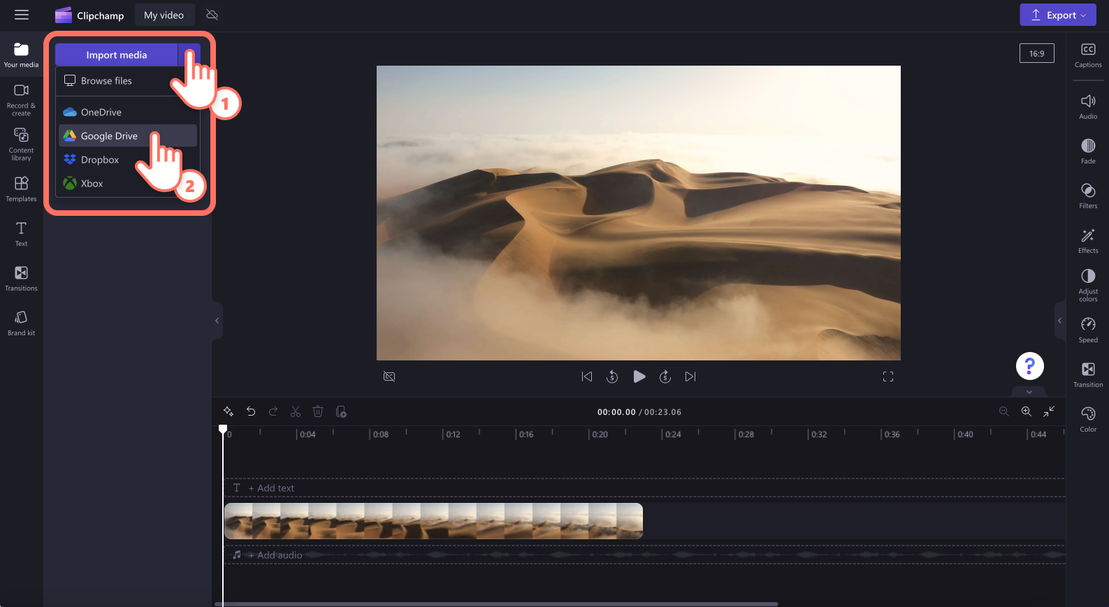 An image of a user clicking the down arrow in add media.