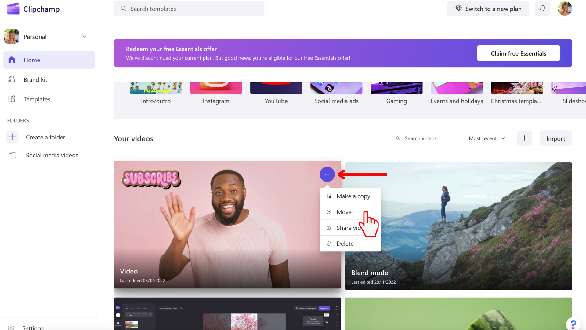 An image of the Clipchamp dashboard