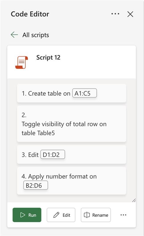 An Office Script with recorded actions displays in the Code Editor.
