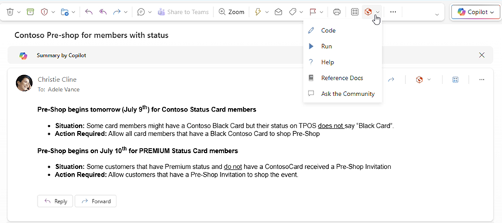 Screenshot of the Script Lab add-in selected from the ribbon in new Outlook on Windows.
