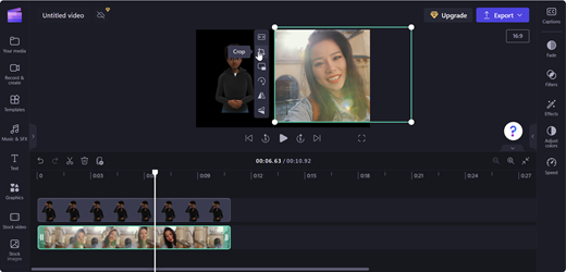 A screenshot of a Clipchamp editor's page showing the crop button on the floating tool bar for adjusting the video into a split-screen.