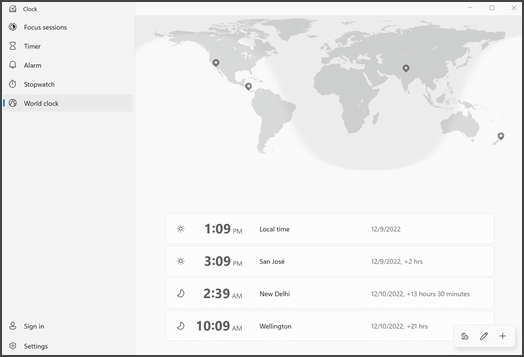 Shows the Clock app with existing locations. The menu is on the left, a map in the top center shows where the locations are, and a list below that provides the city names and the time for those locations.