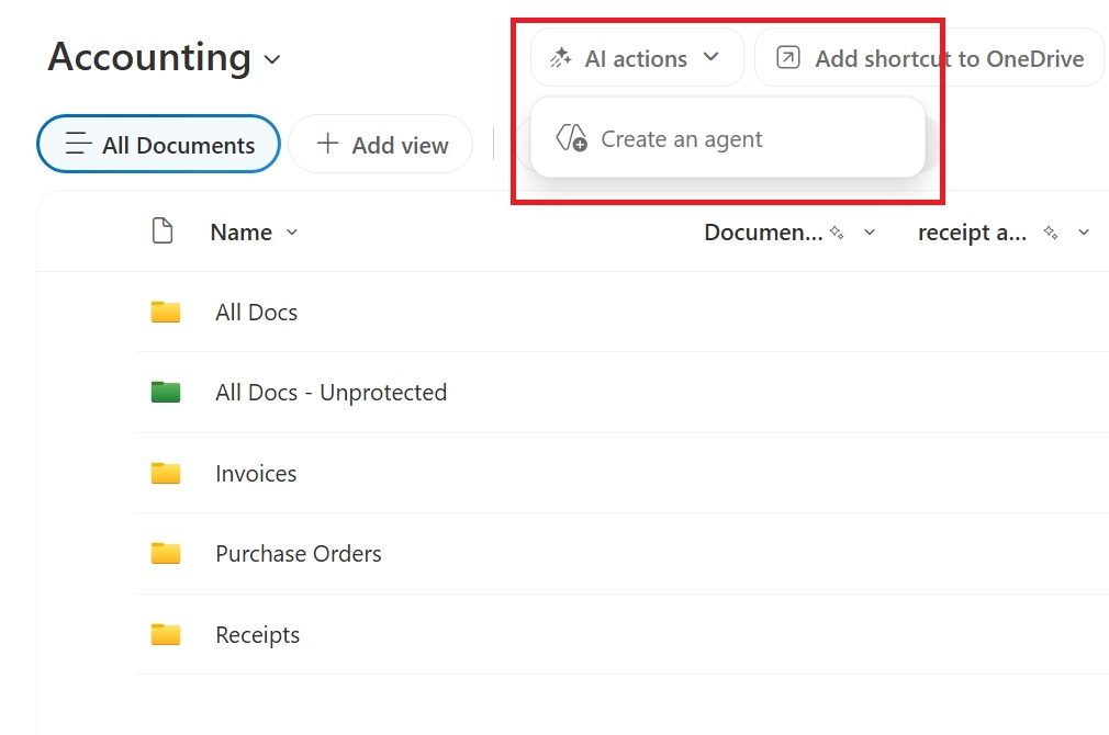 Screenshot showing button to create an agent from a SharePoint document library.
