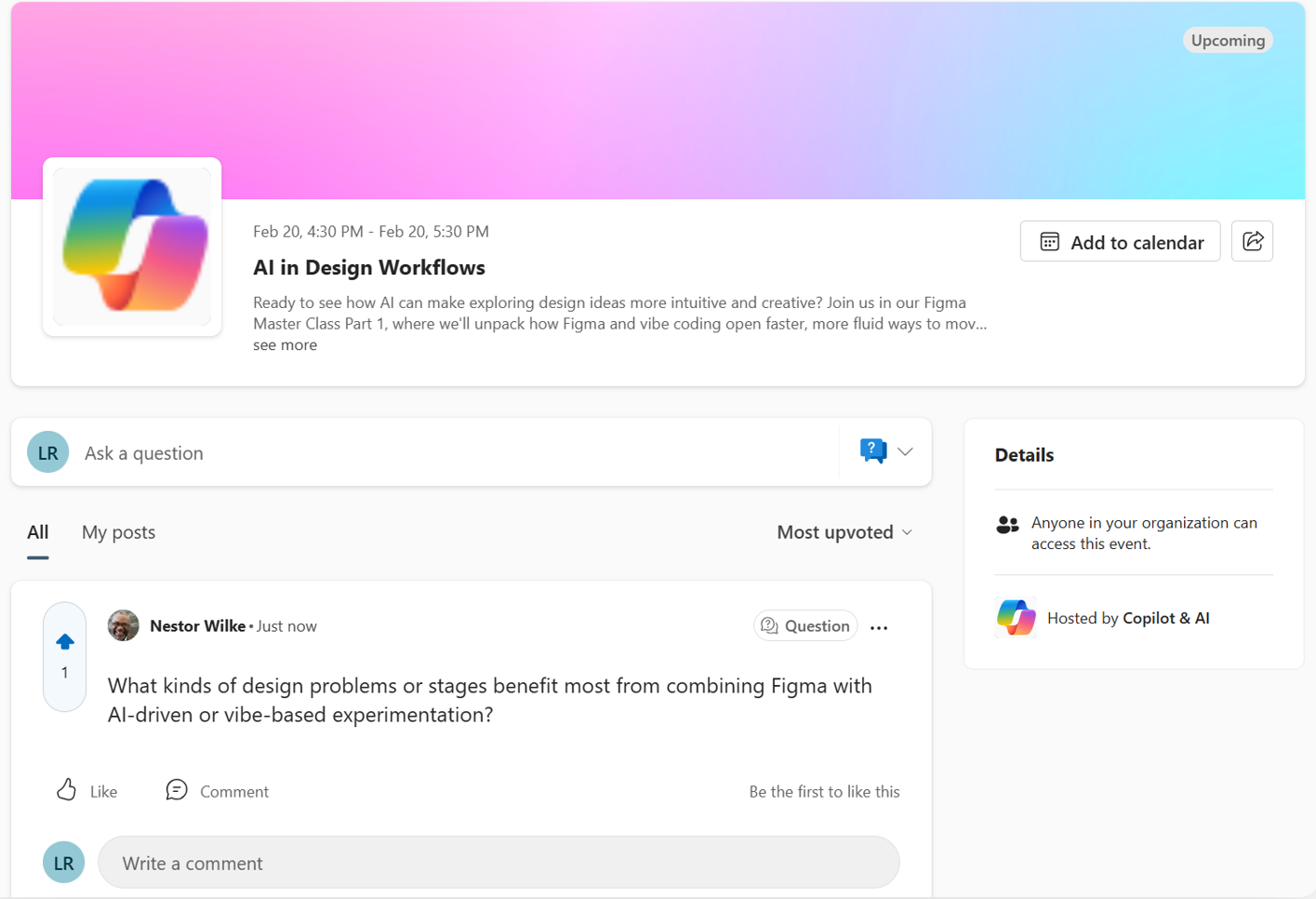 Screenshot of an example Async event, which contains a conversation consisting of questions by community members