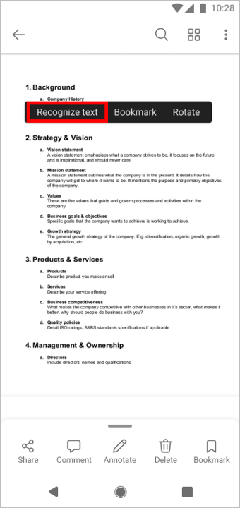Long-press the page. When the context menu appears, tap Recognize text.