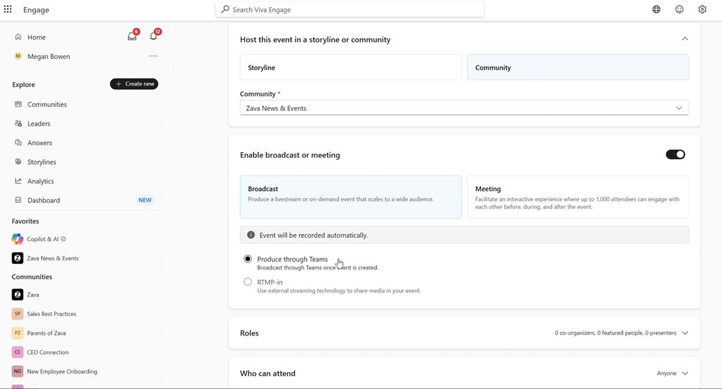 Screenshot showing how to choose the event location & type.