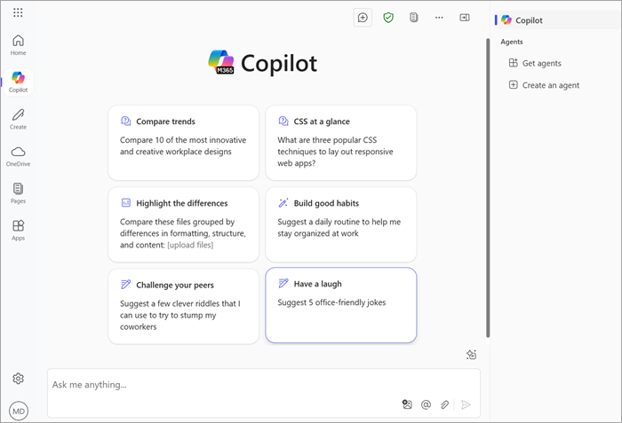 Copilot page on Microsoft 365 Copilot app