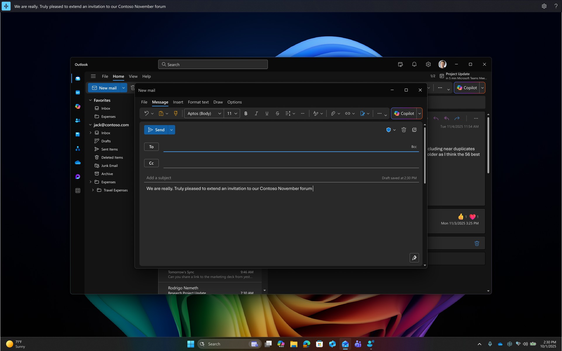The Outlook compose window showing a new email being dictated. The message area displays “We are really. Truly pleased to extend an invitation to our Contoso November forum,” indicating that dictation is active.