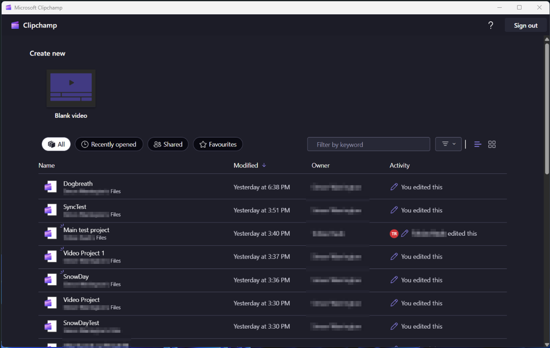 Work users get logged into Clipchamp and see their projects on a home page