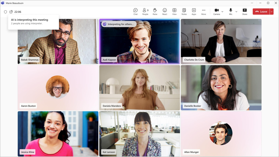 Screenshot showing general Interpreter experience in a Microsoft Teams meeting.