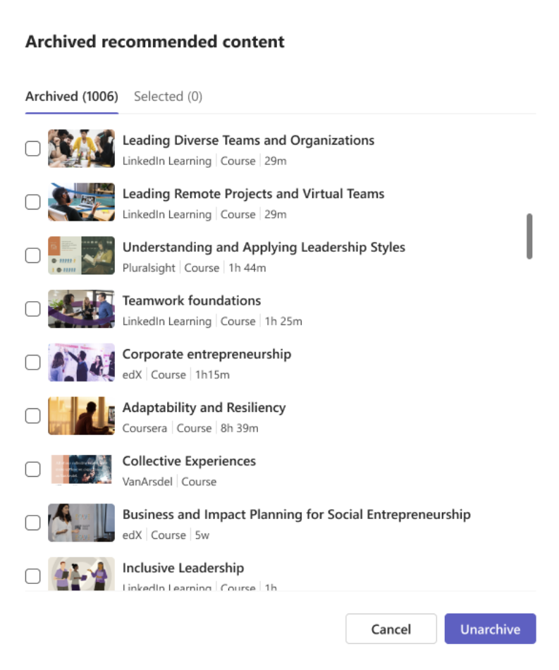 A list of your archived courses with the option to unarchive them