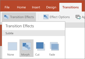 Shows Transitions > Transition Effects > Morph in PowerPoint for Android.