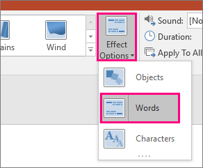 Shows the Effect Options menu for the Morph Transition with Words selected.