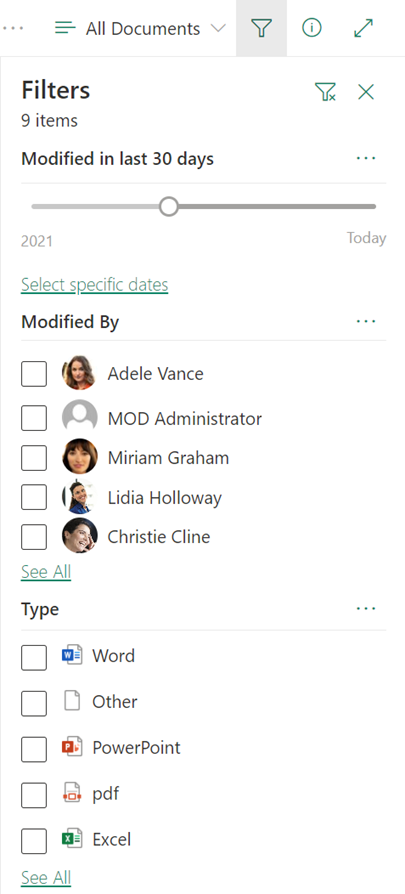 The filter pane in a SharePoint document library