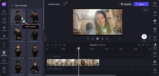 A screenshot of Clipchamp's editor page with a pointer on the Add to timeline tab of a selected avatar.