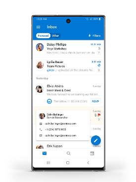 Shows an inbox on a mobile screen. Someone is hovering on a contact and that person's contact info is shown.