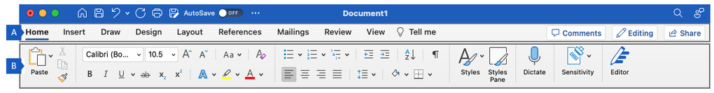 Ribbon in Word for Mac, showing the main regions of the ribbon.
