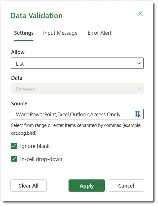 Data validation settings