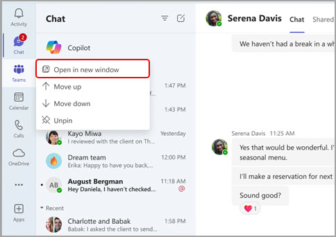 Screenshot showing how to open core Teams apps in new windows.