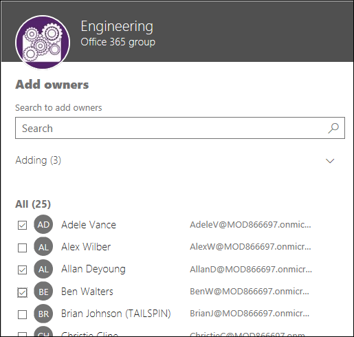 Use this dialog to select up to 10 owners to manage your group