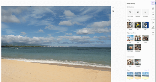 The Edit an Image tool in Microsoft 365 Copilot shown with a photo of a Hawaiian beach.