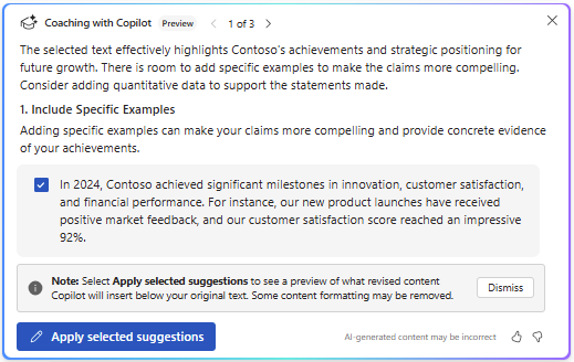 Shows the Copilot coaching suggestions. A blue check box by a suggestion allows you to clear the suggestion if you don't want to use it.