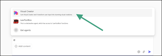 A Microsoft 365 Copilot Chat window showing the list of agents that appears when you @mention them.