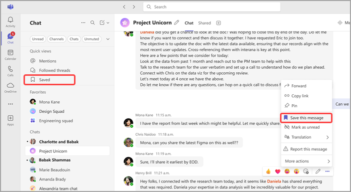 Screenshot showing the Save experience for chat and channel messages or posts.