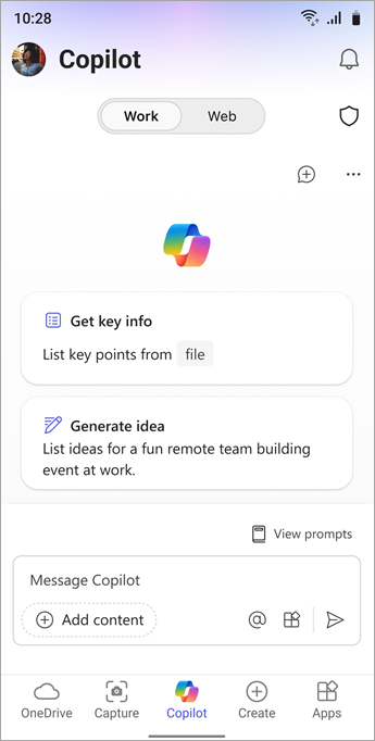 Screenshot of Microsoft 365 Copilot mobile app with work and web chat options