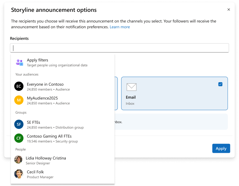 Image of the Storyline Announcement recipient selector