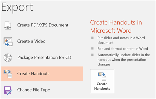 Screen clip of PowerPoint user interface showing File > Export > Create Handouts.