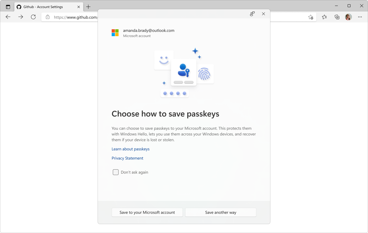 Screenshot of save passkeys asking the user to save to the Microsoft account or another way.