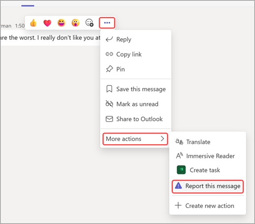Screenshot showing how to navigate to report message option