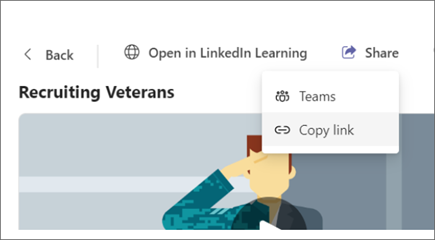 Screenshot of Viva Learning highlighting the "Copy Link" button in the "Share" options.