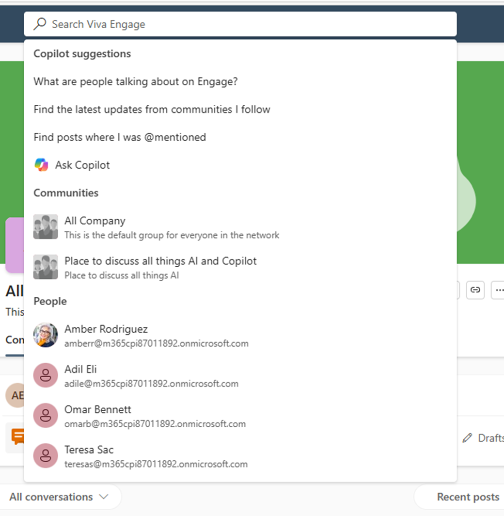 Screenshot of the search categories that appear when you want to search in Viva engage - Copilot suggestions, Communities, People and others.