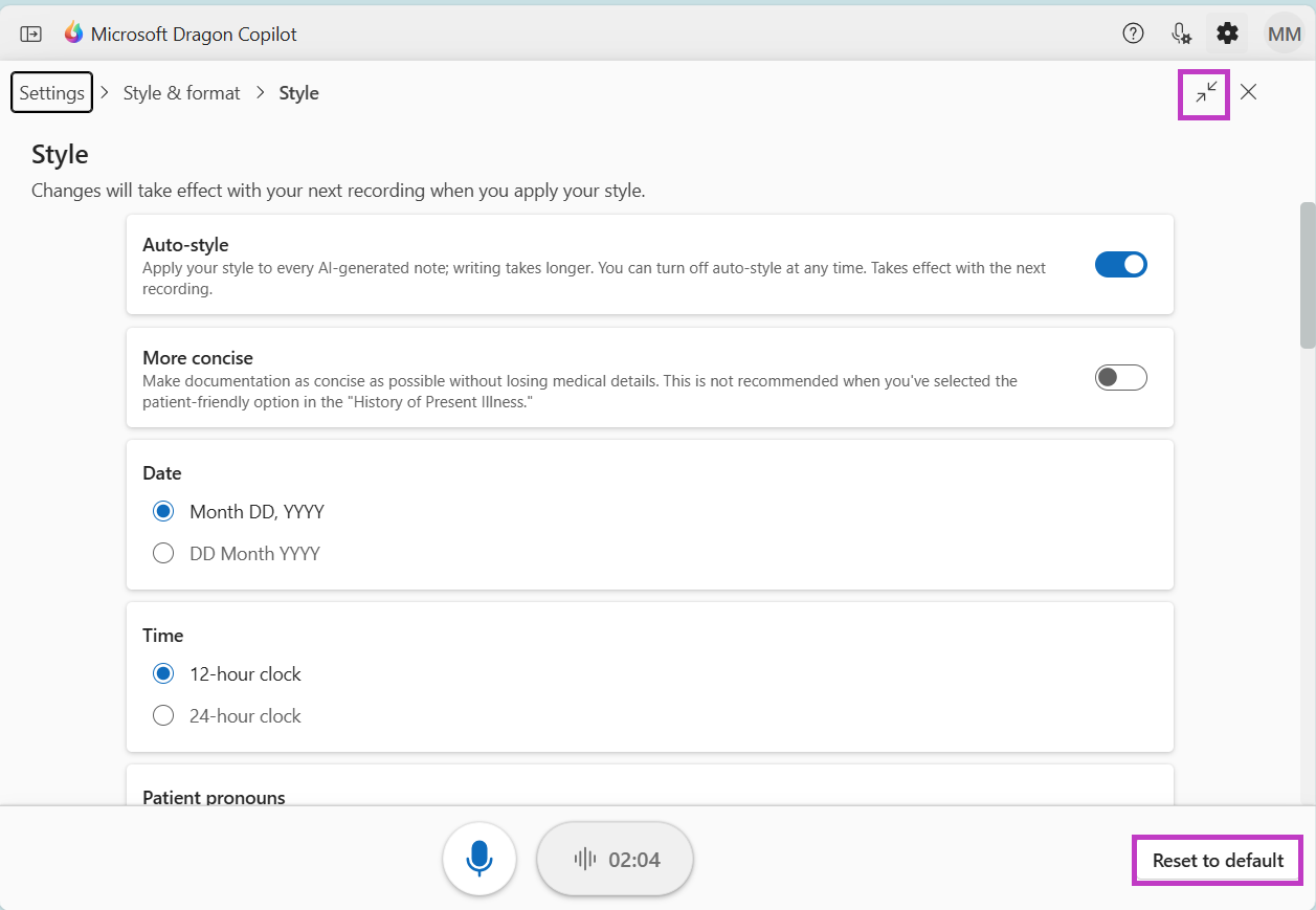 Style settings screen highlighting the expand icon and Reset to default