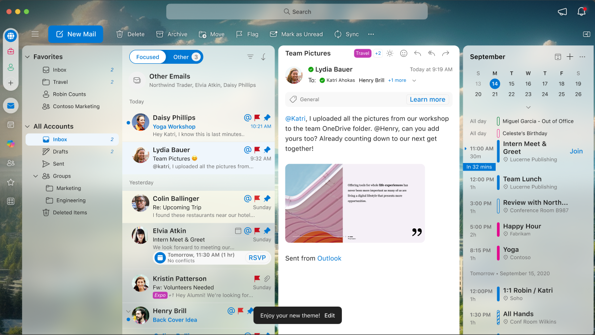 A screen showing how a theme looks when it's applied on Outlook for Mac
