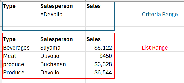 Screenshot of Criteria and List Range