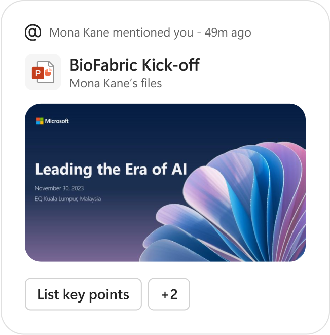 A PowerPoint file featured as a recommended file along with suggested Copilot prompts for further action.