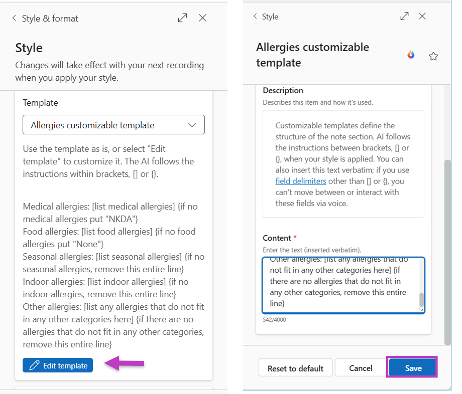 On left, Allergies section with customizable template selection and Edit template highlighted. On right, Save button highlighted.