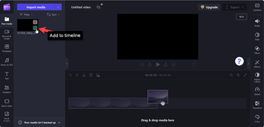 A screenshot of Clipchamp's editor page with a pointer on the 'Add to timeline' option on the video.