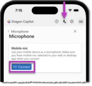 Image of the Connect button on the Microphone screen in the Dragon Copilot mobile app.