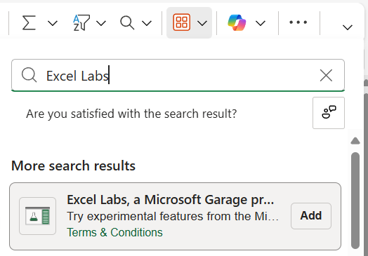 The add-ins search box showing the Excel Labs add-in after searching for Excel Labs.