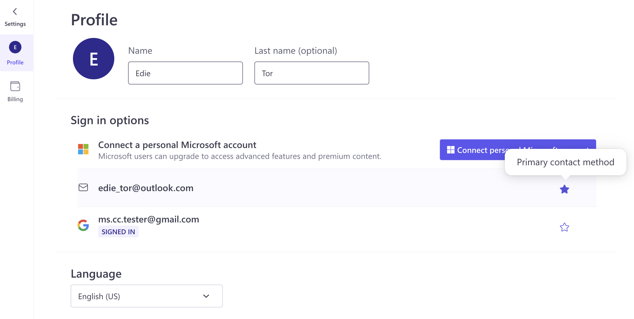 An image of a user clicking on a new primary contact method.