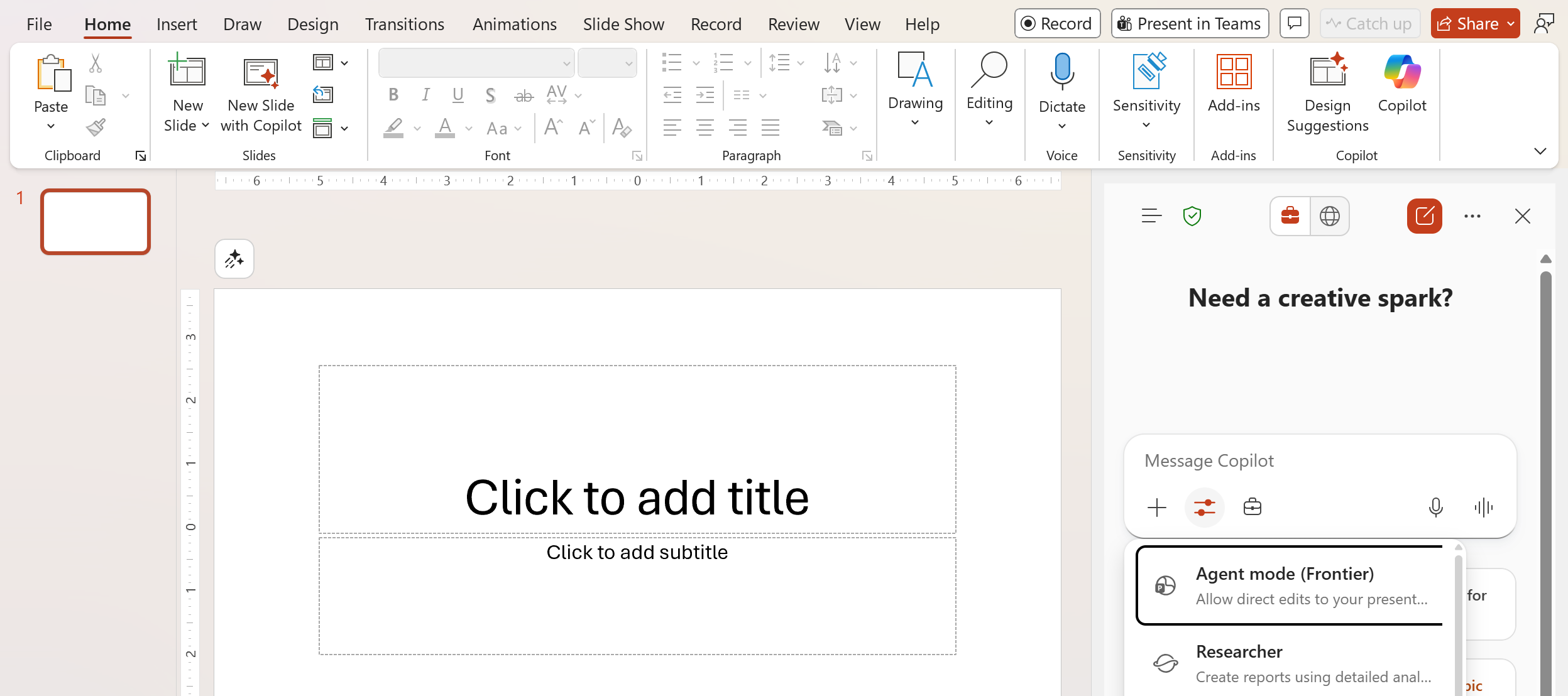 PowerPoint Agent Mode is enabled in tools menu of copilot chat pane