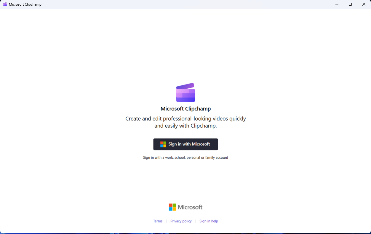 Log into Clipchamp in the desktop app with a personal or work Microsoft account