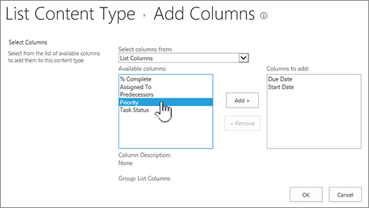 Add columns page with an available column highlighted